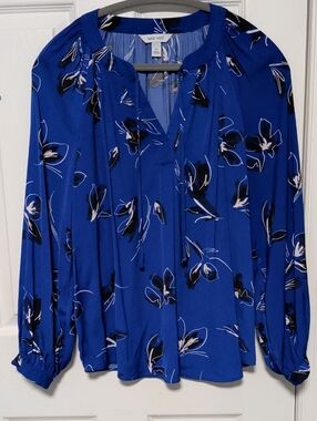 Nine West Royal Blue Floral Tie-Detail Blouse